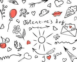 un' impostato di elementi per st. San Valentino di linee, frecce, cuori, Busta, la farfalla, sole, fiori, scarabocchio stile iscrizioni vettore