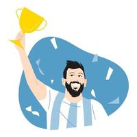 maschio calcio, calcio atleta Tenere trofeo con contento espressione, Sorridi. metà corpo. sport concetto, campione, risultato, vincitore. vettore piatto illustrazione.