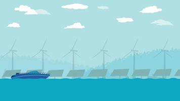 piatto cartone animato lato Visualizza di al largo solare azienda agricola pannelli a oceano o mare con velocità barca nave vettore