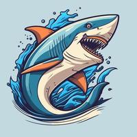 arrabbiato blu squalo logo personaggio portafortuna icona divertente cartone animato vettore stile