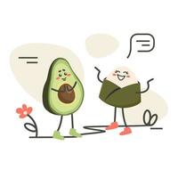 cartone animato personaggi parlando. giapponese onigiri rotolo con avocado. asiatico cibo. scarabocchio disegnato vettore illustrazione per piatti, menù, manifesto, volantino, striscione, consegna, cucinando concetto