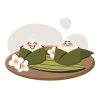 asiatico cibo onigiri. riso palle con nemmeno io. cartone animato contento carattere. tradizionale giapponese piatto. scarabocchio disegnato vettore illustrazione per menù, manifesto, volantino, striscione, cucinando concetto