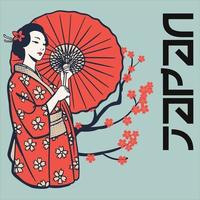 geisha. giapponese donna.giapponese striscione. bellissimo giapponese donna con forcine su bianca sfondo con rosso ombrello. vettore