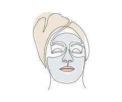 astratto ritratto di un' ragazza con un' crema maschera su sua viso, mano disegnato, mono linea, uno linea arte. logo di terme salone, massaggio salone, bellezza salone vettore