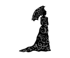 nero e bianca logo, sagoma di un' donna nel un' lungo Vintage ▾ vestito con un ombrello a partire dal il sole vettore