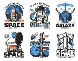 spazio razzo, astronauta, satellitare, pianeta icone vettore