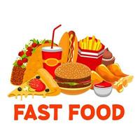 hamburger, Coca Cola, Pizza, patatine fritte porta via Fast food vettore