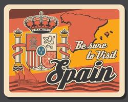 viaggio per Spagna retrò manifesto con carta geografica e corona vettore