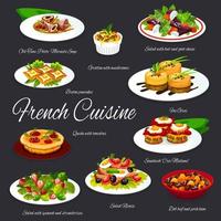 francese cibo insalate, foie gras, pesce, carne piatti vettore
