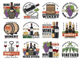 vino, vinificazione e viticoltura vettore icone impostato