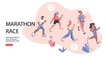 maratona gara bandiera modello con gruppo di in esecuzione uomini e donne indossare abbigliamento sportivo. maratona gara o sprint sport evento concorrenza annuncio, cartone animato vettore illustrazione nel di moda stile.