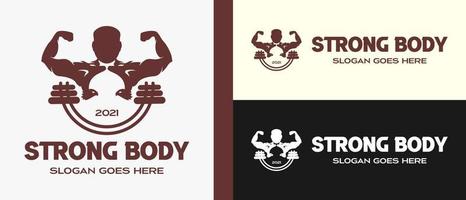 fitness vettore logo design modello, vettore design per Palestra e fitness. illustrazione di un' muscolare uomo con Due Aquile su il il petto, e un' sollevamento pesi icona