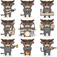 vettore illustrazione di carino bufalo giocando musica strumenti. impostato di carino bufalo personaggi. cartone animato animale giocare musica. animali musicisti.