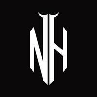 nh logo monogramma con corno forma isolato nero e bianca design modello vettore