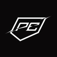 pe logo monogramma lettera con scudo e fetta stile design vettore