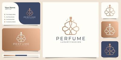 elegante profumo bicchiere bottiglia logo modello lineare stile design e attività commerciale carta premio. vettore