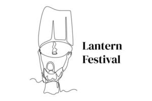 continuo uno linea disegno contento donna volante carta luci. lanterna Festival concetto. singolo linea disegnare design vettore grafico illustrazione.