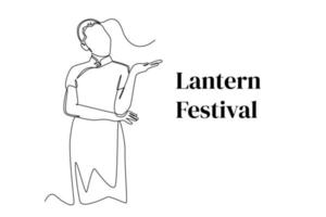 continuo uno linea disegno contento giovane asiatico donna nel Cinese tradizionale capi di abbigliamento celebrare lanterna Festival. lanterna Festival concetto. singolo linea disegnare design vettore grafico illustrazione.