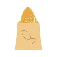 taiyaki nel il forma di un' pesce avvolto nel un' marchiato carta Borsa vettore