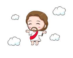 carino Gesù Cristo cartone animato personaggio nel il nube. mano disegnato chibi carattere, clip arte, etichetta, isolato bianca sfondo. ascensione di Gesù Cristo. portafortuna logo icona vettore arte illustrazione