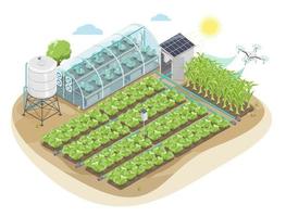 inteligente agricoltura con IoT solare cellula acqua pompa e fuco azienda agricola sistema attrezzatura ecologia per agricolo su asciutto terra diagramma isometrico isolato vettore