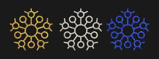 luccichio i fiocchi di neve su buio sfondo. impostato di tre oro, argento e blu luccichio fiocchi di neve. Natale e nuovo anno decorazione elementi. vettore illustrazione.