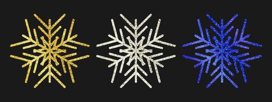 luccichio i fiocchi di neve su buio sfondo. impostato di tre oro, argento e blu luccichio fiocchi di neve. Natale e nuovo anno decorazione elementi. vettore illustrazione.