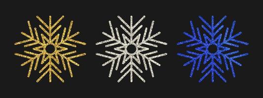 luccichio i fiocchi di neve su buio sfondo. impostato di tre oro, argento e blu luccichio fiocchi di neve. Natale e nuovo anno decorazione elementi. vettore illustrazione.