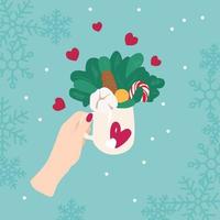 Natale tazza con caramella, abete rami e cono, cotone e cuori. festivo saluto carta design. allegro Natale sfondo con fiocchi di neve. vettore illustrazione.