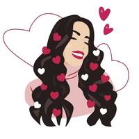 sorridente donna con carino cuori nel capelli. festivo saluto carta design per san valentino giorno. vettore illustrazione per profumo, cioccolato o cosmetici.