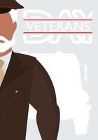 veterani giorno cartolina. veterano nel Marrone militare uniforme. cartone animato stile vettore