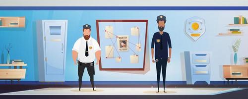 poliziotti o miliziani nel polizia stazione o Dipartimento, indagine ufficio camera interno, cartone animato. vettore illustrazione