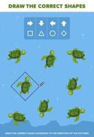 formazione scolastica gioco per bambini disegnare il corretta forma secondo per il direzione di carino cartone animato tartaruga immagini stampabile subacqueo foglio di lavoro vettore
