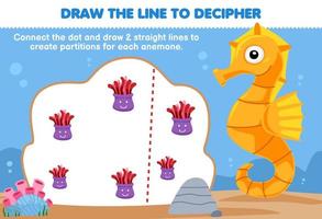 formazione scolastica gioco per bambini Aiuto cavalluccio marino disegnare il Linee per separato ogni anemone stampabile subacqueo foglio di lavoro vettore