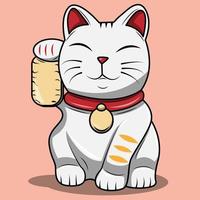 maneki neko gatto cartone animato. vettore illustrazione di un' bianca Grasso gatto con sollevato zampe Tenere un' oro moneta. giapponese simbolo di fortuna, ricchezza e prosperità.