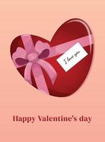 San Valentino giorno saluto carta a forma di cuore rosso regalo scatola legato con rosa nastro. amore simboli per i regali, carte, manifesti. vettore illustrazione.