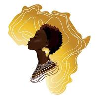 ritratto di un africano donna contro il sfondo di il d'oro carta geografica di Africa vettore concettuale illustrazione, nero storia mese può essere Usato. bellissimo nero spellato africano americano donna