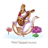 dio indiano saraswati maa sullo sfondo del festival religioso vasant panchami vettore