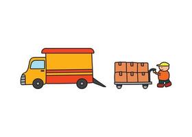 vettore illustrazione di mano disegnato colore bambini Raccogliere camion con consegna Corriere uomo