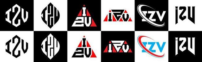 izv lettera logo design nel sei stile. izv poligono, cerchio, triangolo, esagono, piatto e semplice stile con nero e bianca colore variazione lettera logo impostato nel uno tavola da disegno. izv minimalista e classico logo vettore