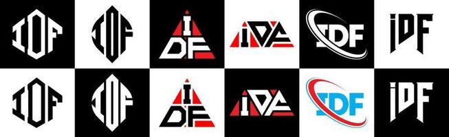 IDF lettera logo design nel sei stile. IDF poligono, cerchio, triangolo, esagono, piatto e semplice stile con nero e bianca colore variazione lettera logo impostato nel uno tavola da disegno. IDF minimalista e classico logo vettore