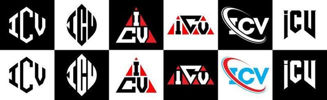 icv lettera logo design nel sei stile. icv poligono, cerchio, triangolo, esagono, piatto e semplice stile con nero e bianca colore variazione lettera logo impostato nel uno tavola da disegno. icv minimalista e classico logo vettore