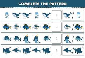 formazione scolastica gioco per bambini completare il modello di indovina il corretta immagine di carino cartone animato Medusa balena pesce narvalo manta squalo stampabile subacqueo foglio di lavoro vettore