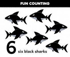 formazione scolastica gioco per bambini divertimento conteggio sei nero squalo stampabile subacqueo foglio di lavoro vettore