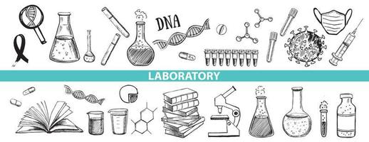 laboratorio ricerca vettore mano disegnato icone impostare. coronavirus, dna, sangue test.