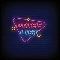 neon cartello prezzo elenco con mattone parete sfondo vettore illustrazione