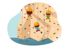 scogliera arrampicata illustrazione con bambini scalatore scalata roccia parete o montagna scogliere e estremo attività sport nel piatto cartone animato mano disegnato modello vettore