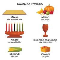 Kwanzaa simboli. mazao, Zawadi, mkeka, Kinara, i regali, tazza, candele. per poter, volantini, ragnatela disegni. vettore