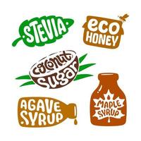 isolato etichetta per confezione salutare naturale biologico nutrizione. vettore etichetta Stevia, eco Miele, Noce di cocco zucchero, Agave, acero sciroppo. vegano bio cibo. naturale biologico dolcificante. modello per Infografica