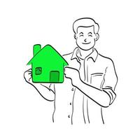linea arte metà lunghezza di uomo Tenere piccolo verde Casa illustrazione vettore mano disegnato isolato su bianca sfondo
